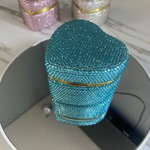 Turquoise Bling heart shape jewelry box storage bedazzled w/ crystal rhinestones